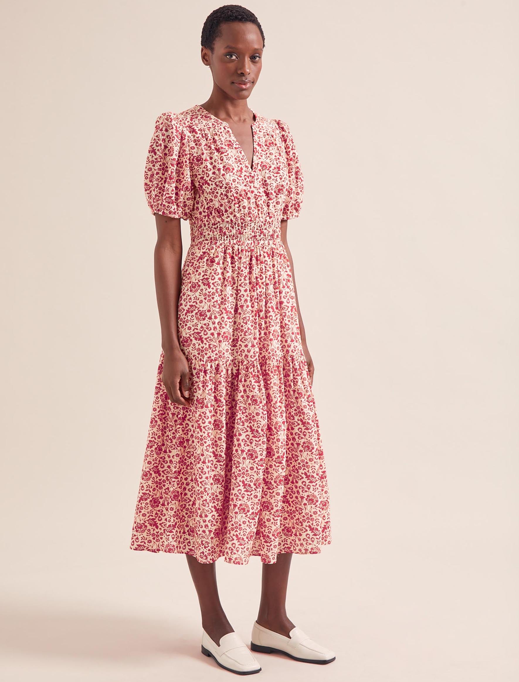 Olive Cotton Blend Midi Dress - Red Mono Floral Print - Image 3